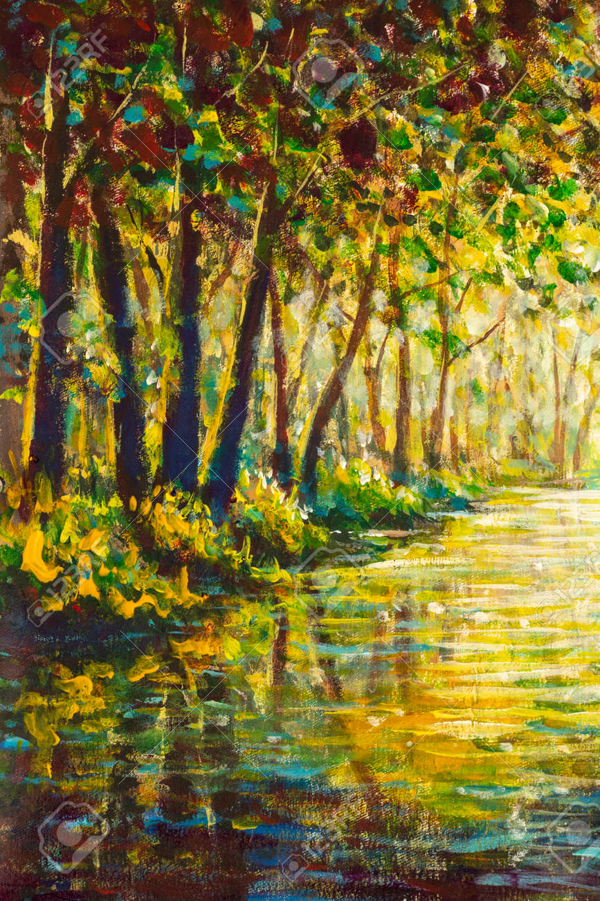 自作油彩画 油絵 風景画 湖 森 （森の中の木々と湖のある秋の